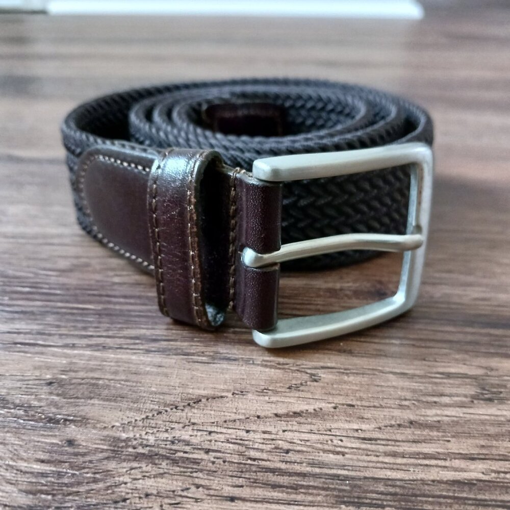 Lands End Brown Woven Braid Elastic Belt W/ Brown Leather‎ Men's Medium 32-34
